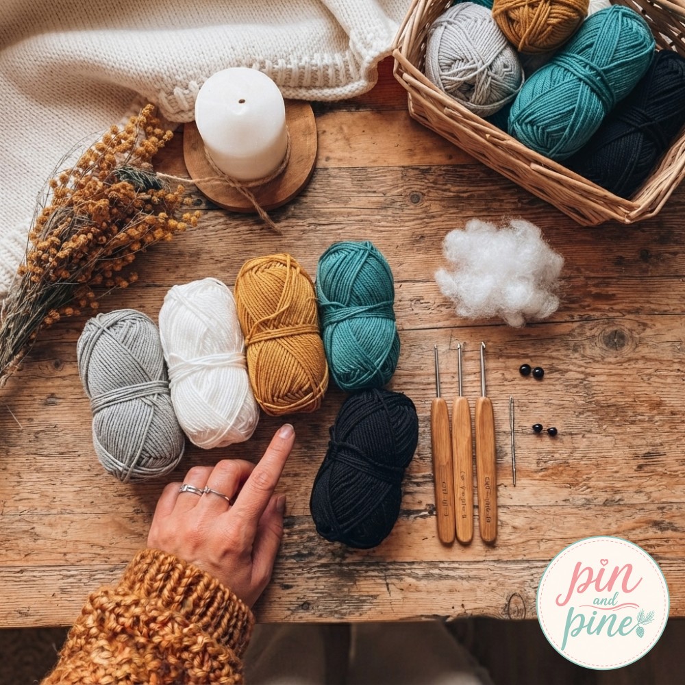 Crochet elephant amigurumi materials flat-laid with grey, mustard, and teal cotton yarn, hooks, and safety eyes