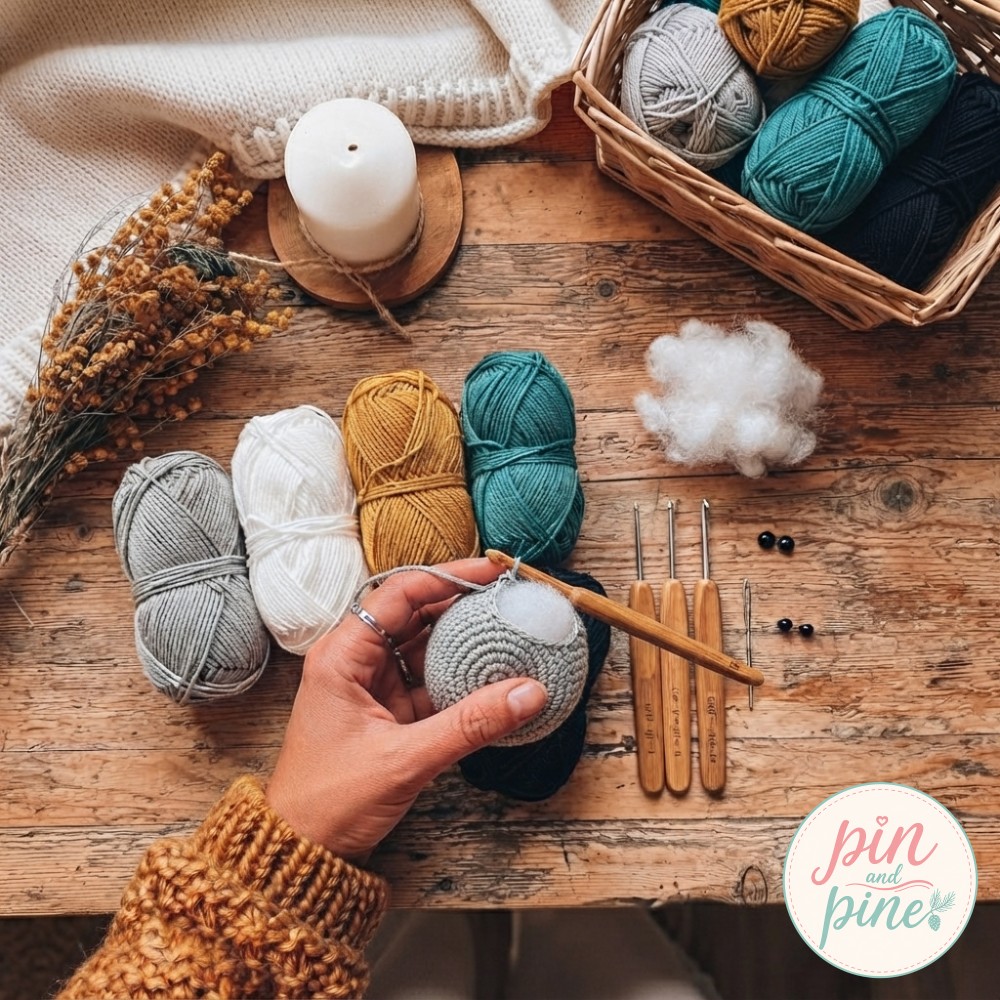 Hands crocheting the first grey spiral rounds that shape the head of a crochet elephant amigurumi