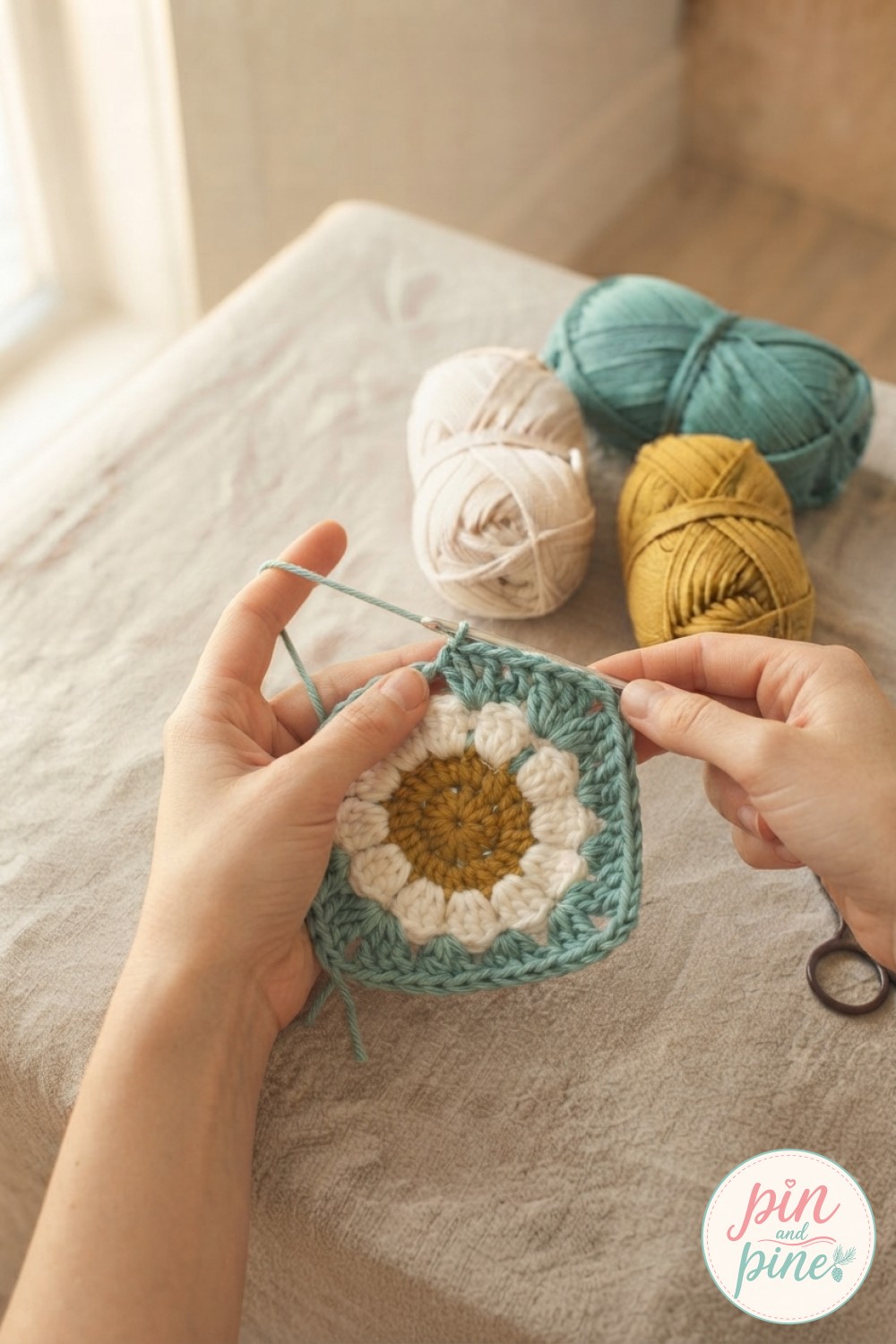 Adding teal granny square border rounds around the daisy, shaping the crochet flower blanket pattern square