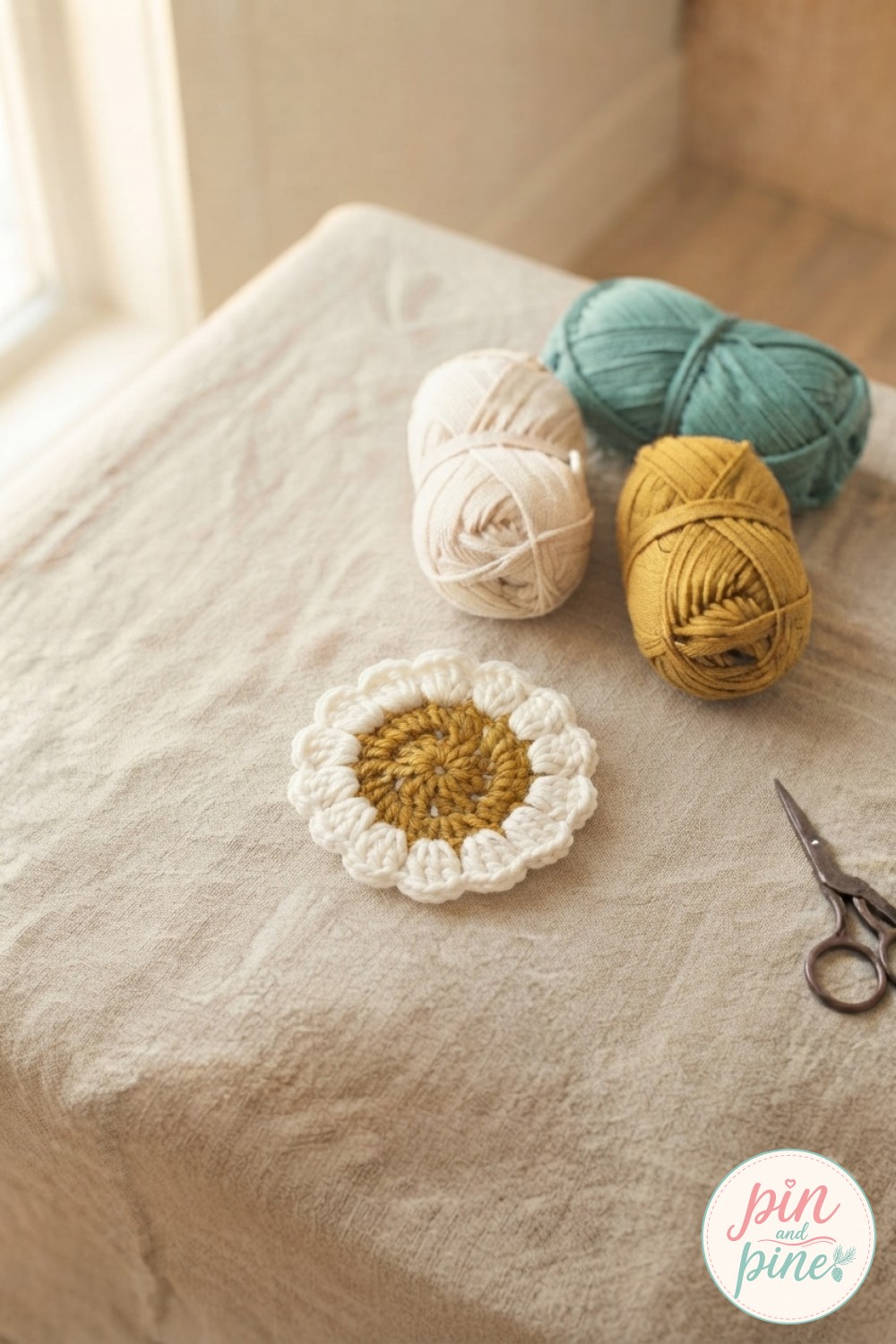 One finished daisy motif with yellow center resting beside yarn, a key stage in the crochet flower blanket pattern