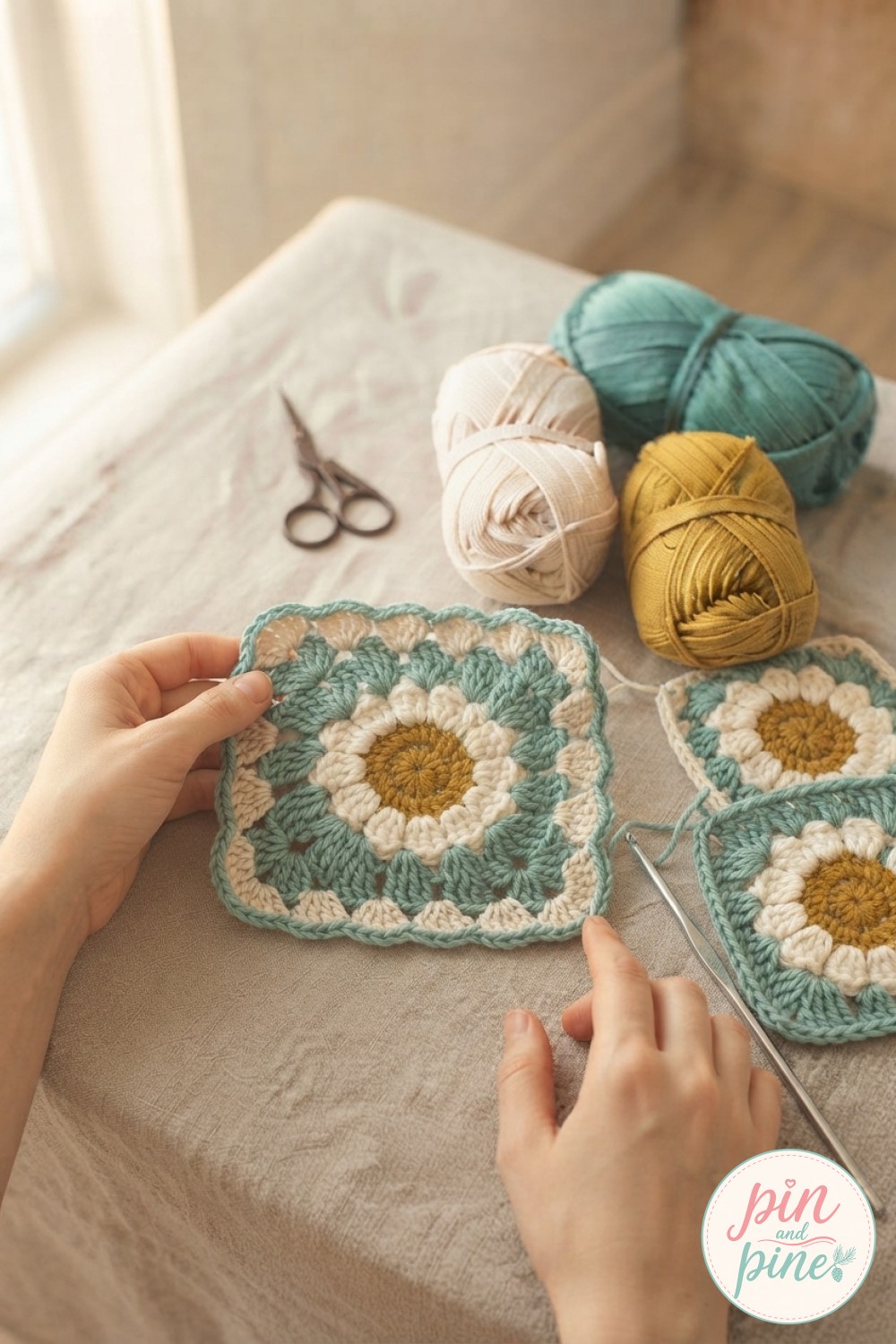 A completed daisy granny square beside two more in progress, showing the crochet flower blanket pattern build