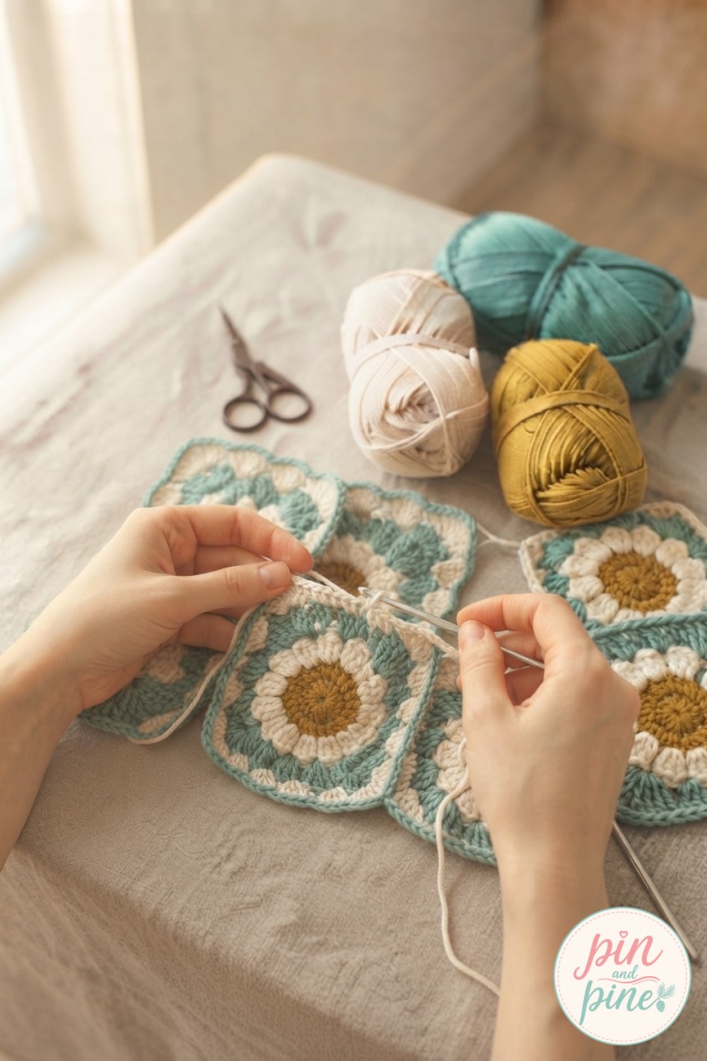 Whip-stitch joining daisy granny squares with cream yarn to form the crochet flower blanket pattern panel