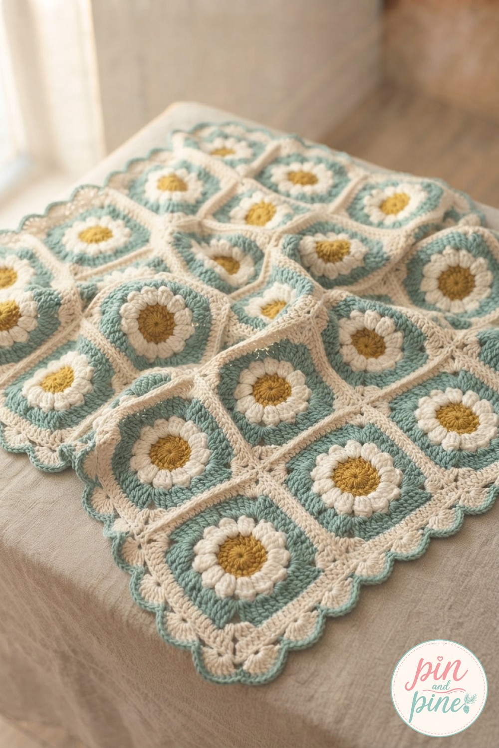 The finished crochet flower blanket pattern draped in soft folds, showing the scalloped teal and cream border