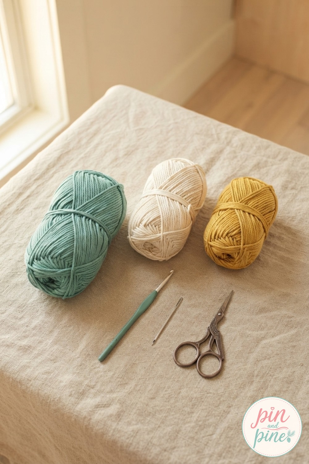 Flat lay of teal, cream, and mustard yarn with a crochet hook, ready to begin a crochet flower blanket pattern
