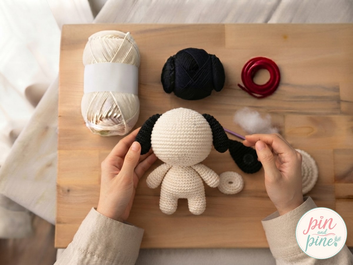 Fully assembled crochet puppy amigurumi with head and floppy ears joined but no collar yet