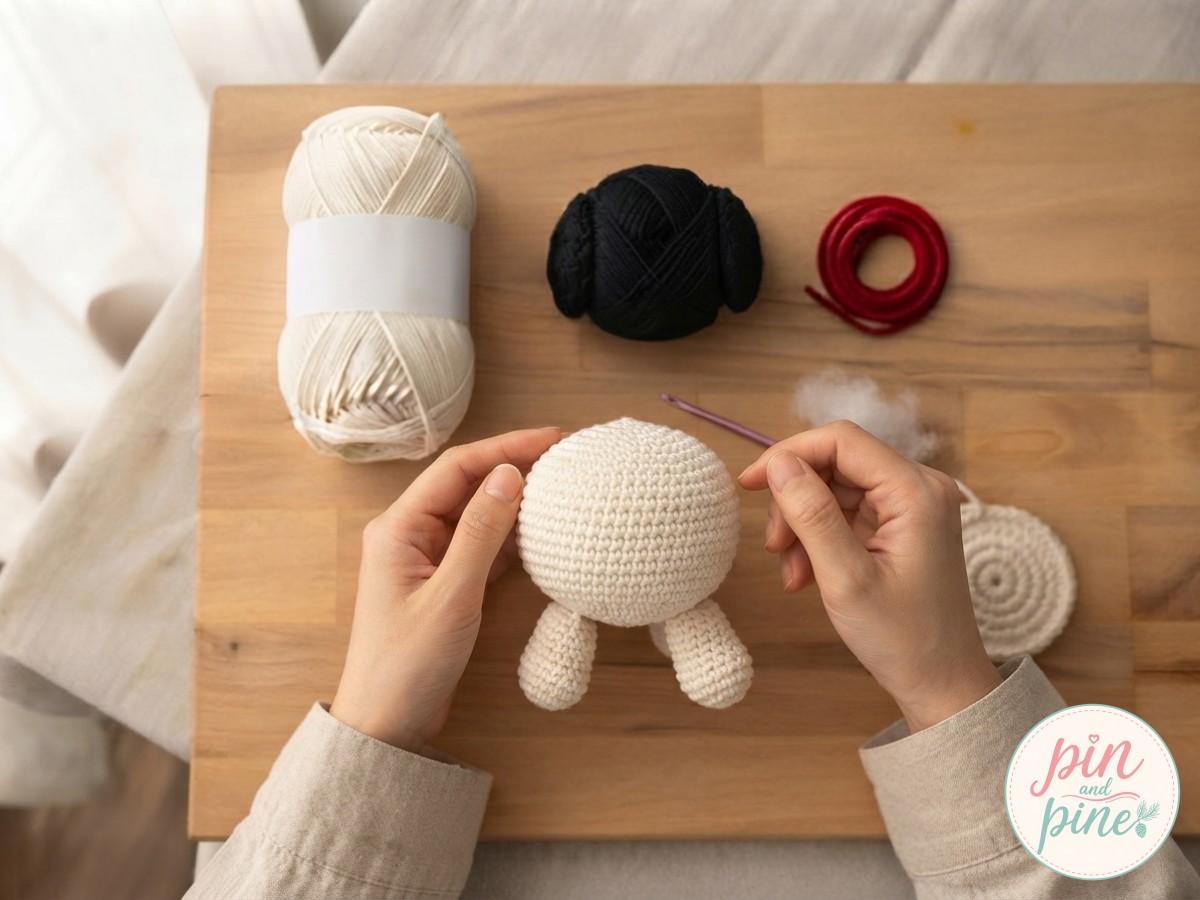 Stuffed crochet puppy amigurumi body standing upright on its two finished cream legs