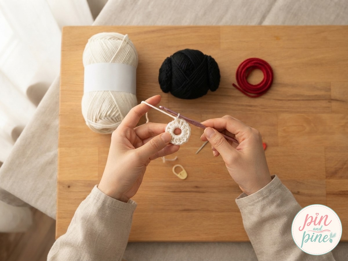 Hands starting a crochet puppy amigurumi leg with a magic ring and six single crochet stitches