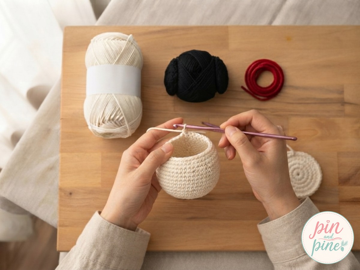 Crocheting the round body of the puppy amigurumi mid-round with cream yarn cupped in open hands