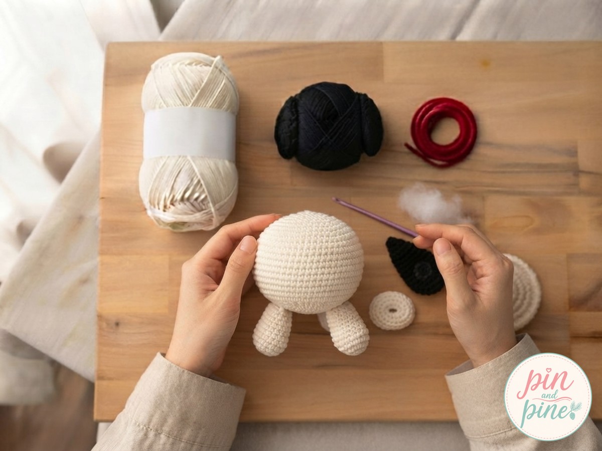 Black ear piece and cream muzzle oval laid beside the half-finished crochet puppy amigurumi