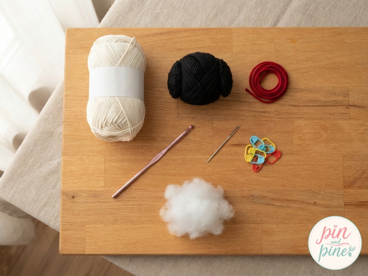 Flat lay of crochet puppy amigurumi supplies including cream cotton yarn, black yarn, and red collar thread