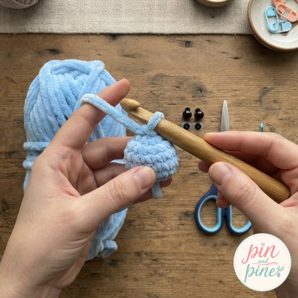 Hands starting the magic circle that forms the head of this mini crochet octopus pattern.