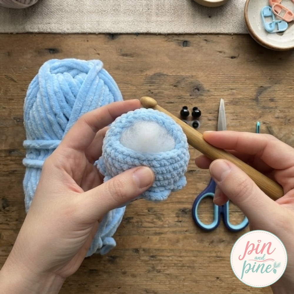 A half-stuffed plush dome showing the rounding head shape of a mini crochet octopus in progress.